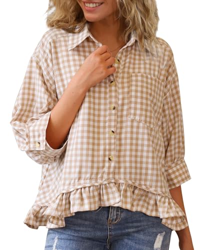 CHYRII Womens Summer Tops Dressy Casual Blouse Top Ruffled Short Sleeve Button Down Plaid Shirt Tan L