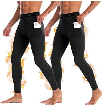 Roadbox Thermo Kompressionshose Herren, Fleece Sportleggings mit Taschen | Männer Tights, Thermounterhose, Atmungsaktiv Schnelltrocknend für Laufen, Fitness, Fußball, Ski, Radfahre