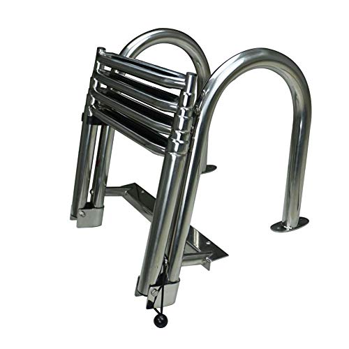 Stainless Steel In-Board 4-Steps Ladder Welded Reinforce Folding Docking Ladder, Folding Telescoping Rear Entry Inboard Ladder #TOP3