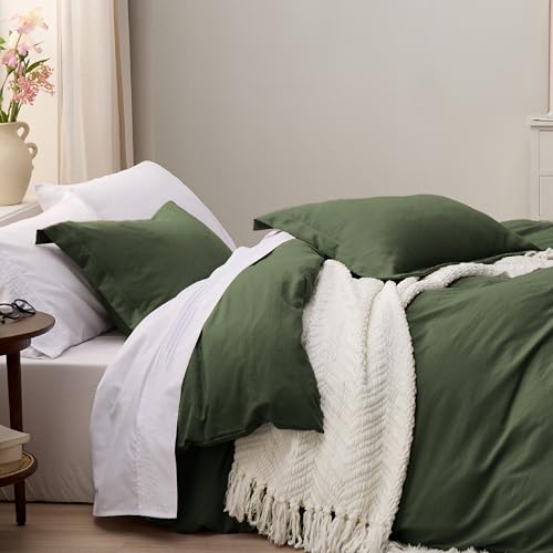 Image of Bedsure Olive Green Duvet Cover Queen Size Only - Prewashed Cotton-Like Polyester Extra Soft All Season Bedding, Includes 1 Duvet Cover 90x90 Inches with Zipper Closure, Comforter Not Included