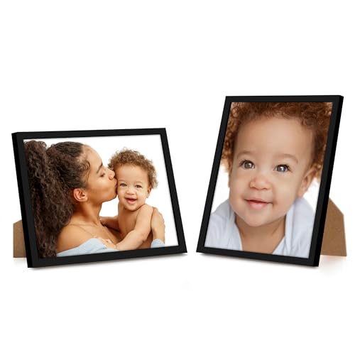 Americanflat 7x9 Picture Frame with Shatter-Resistant Glass - Streamline Collection - Thin Border Photo Frame for Tabletop and Wall Display - Hanging Hardware and Easel Stand Included - Black