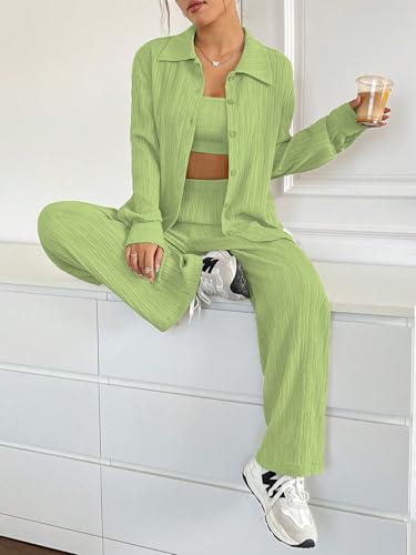 Image of Shasmi Women's 3-Piece Co-ord Set - Solid Button Front Shirt, Strapless Tube Top & Wide Leg Pants | Casual Loose Fit Western Outfit for Daily Spring /Fall Wear (Co-Ord-208)