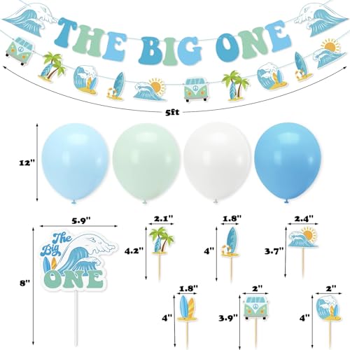 Vansolinne The Big One Surf Birthday Party Decorations for Summer Surfing Beach First Birthday Surfboard Decor Supplies Swimming Pool Hawaii Party Banner Cake Topper Cupcake Toppers Latex Balloons Boy — view 3