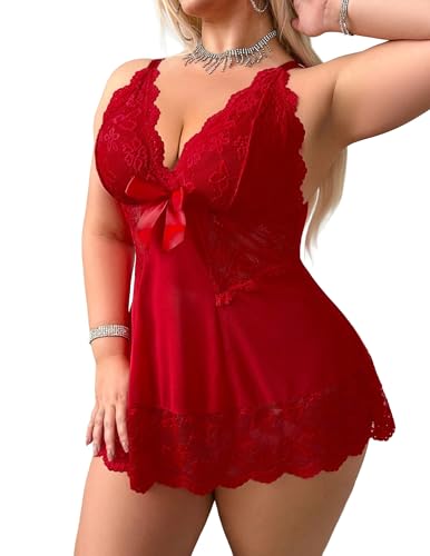 Image of Alrovetoney Women Plus Size Babydoll Lingerie Lace Chemise Mesh Sleepwear Strappy Sexy Nightgown Boudoir Outfit L-4XL