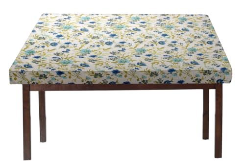 Image of The Furnishing Tree Elastic Cotton Square Dining Table Cover 44x44 in Inches Floral Blue Leaf on offwhite Base