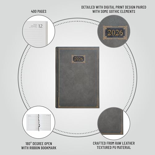 Image of Anupam Goth Diary 2026 with Dates, 2026 Daily Planner Full Page Per Day with Monthly Calendar, January to December 2026 Size A5 (21x14cm) 365 Days Canvas Textured PU Cover 80GSM Grey
