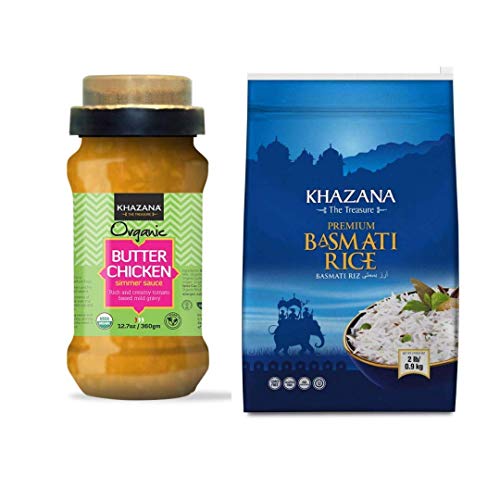 Khazana Organic Butter Chicken Simmer Sauce 6-Pack + Premium Basmati Rice 2Lb - Customized Indian Meal Bundle | Non-Gmo, Vegan, Kosher, Gluten Free | Authentic Indian Cuisine #TOP13