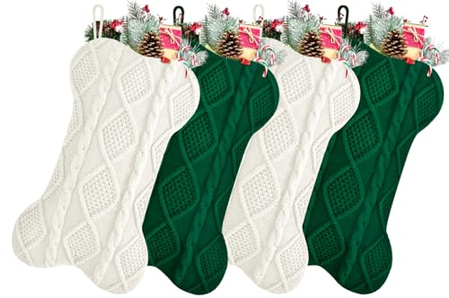 Kunyida 18 Inch Christmas Stockings,Ivory and Green Knit Bulk Double Side Vintage Dog Xmas Stockings for Family Dogs Pets,4 Pack