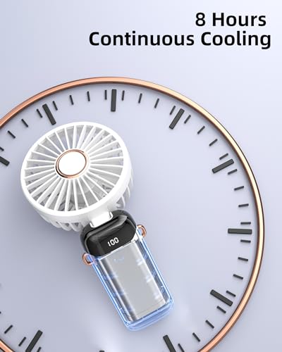 Koonie Draagbare handventilator, op batterijen werkende ventilator met basis, 8 uur, digitaal display, 5 snelheden, 90° verstelbaar, oplaadbare mini-ventilator voor buiten en binnen, wit - Afbeelding 6