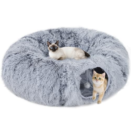 PawHut Katzentunnel für den Innenbereich, 2- in- 1, mit Katzenbett aus weichem Wildlederstoff, Katzentunnel, rund, faltbar, in Donutform, mit waschbarem rundem Kissen, Ballspielzeug und Eingangsloch