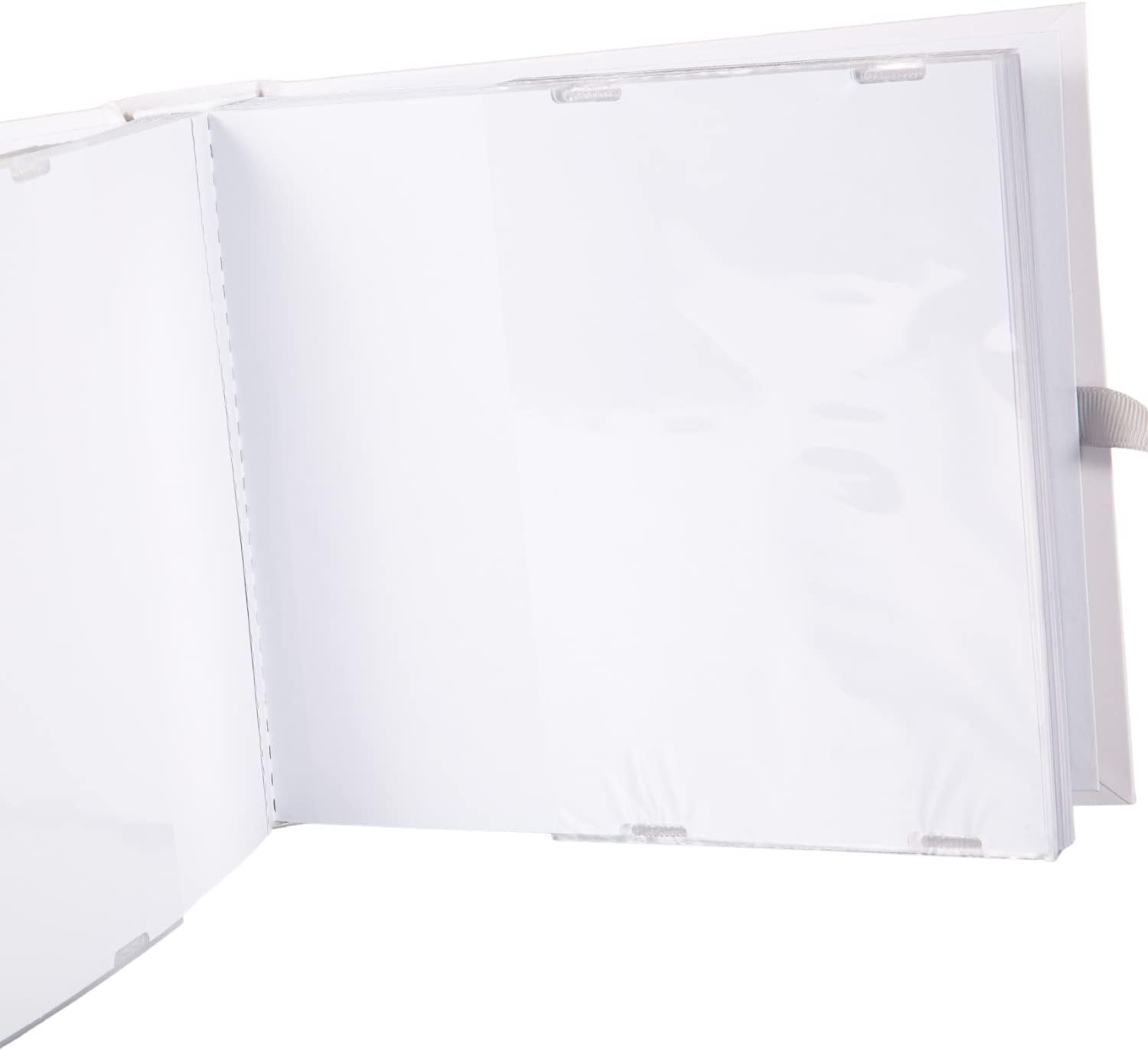 Happy Homewares Beautiful Ivory White Baby Shower Photo Album with Silver Plated Teddy Bear and Stars | Holds 80 Photos | Luxurious Grey Fabric Ribbon