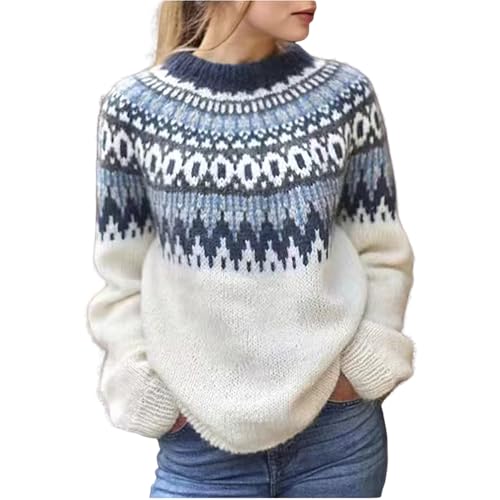 Womens Fall Vintage Fair Isle Sweater Casual Loose Long Sleeve Crewneck Knitted Pullover Sweater Tops