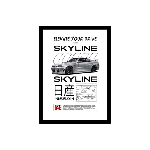 Image of BLINKART Nissan Skyline GT-R (R34) CarFramed Posters Gift Items Boys Room Wall Decoration Bedroom Office Studio Synthetic Wood Frame & Acrylic Glass Ready to Hang - 12x8 Inch, (A4 Size) - CAR-171