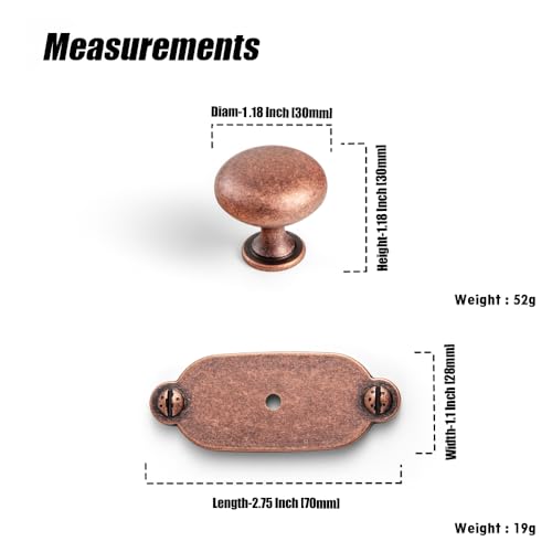 Image of Goo-Ki Antique Copper Zinc Alloy Cabinet Knob with Backplate - Single Hole Center Cabinet Pull Hardware for Bedroom, Kitchen, 6 Pack(8611-G013)