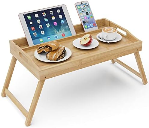 RichFire Bed Tray with Handles and Foldable Legs, Bamboo Bed Table Bed Desk, Breakfast in Bed Tray for Pad and Phone
