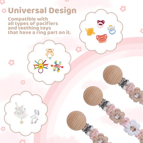 Image of Pacifier Clip for Boys Girls Floral Daisy Macrame Baby Paci Clip Pacifier Holder Leash Boho Wooden Clips Handmade Braided Cotton Binky Clips (1pack:Khaki Style B)