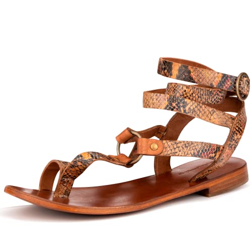 Vintage Foundry Co Women's Vina Open Toe Ring Wrap T-Strap Strappy Gladiator Fisherman Thong Slingback Ankle Strap Sandals w Adjustable Buckle Flat Leather Outsole 4 Beach Cruise Wedding Spot Poolside; Size 10