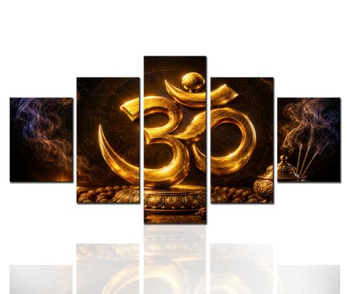 Indian Paintings Brahmanism Aum Symbol Pictures Multi Panel Black Canvas Wall Art Candle and Japa Mala Artwork Living Room House Decorations Framed Ready to Hang Poster and Prints(60''W x 32''H)