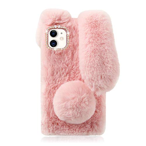 Mikikit Pink Fluffy Bunny Phone Case Compatible for iPhone 12 Mini 5.4, Plush Cover Furry Fur Animal Rabbit Ear Cartoon Doll Case Fashion Soft Cozy Case Kid Girl Cute Case for 12 Mini Cover