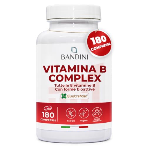 Bandini® Vitamina B Complex Alto Dosaggio - 180 Compresse vegane (6 Mesi) - Con forma bioattiva Quatrefolic® - Vitamine B-Complex con Acido Folico, Biotina, B1, B2, B3, B5, B6, B12 | Senza OGM