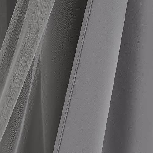 Image of Bujasso Grey 90% Blackout Curtains with Sheer Overlay Mix and Match Double Layer Window Curtains Thermal Insulated 72 inch for Living Room Bedroom Gray Drapes with Tiebacks Grommet Top 37 inch Wx72 Lx2