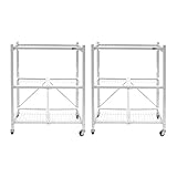 Origami 2-Pack General Purpose Foldable 3-Tier Shelf Storage Rack & Wheels, R3, White