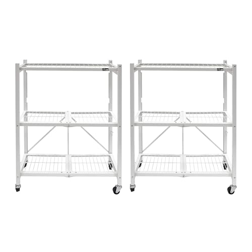 Origami 2-Pack General Purpose Foldable 3-Tier Shelf Storage Rack & Wheels, R3, White