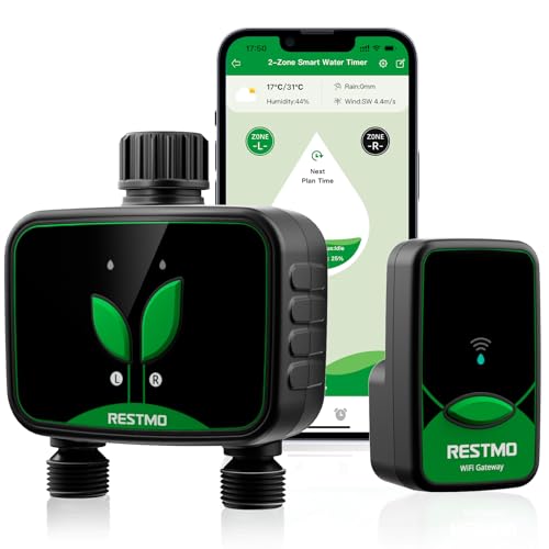 RESTMO Computer WiFi, timer programmabile per irrigazione, 3 modalità, adatto per rubinetti esterni e sistemi di prato, 2 zone