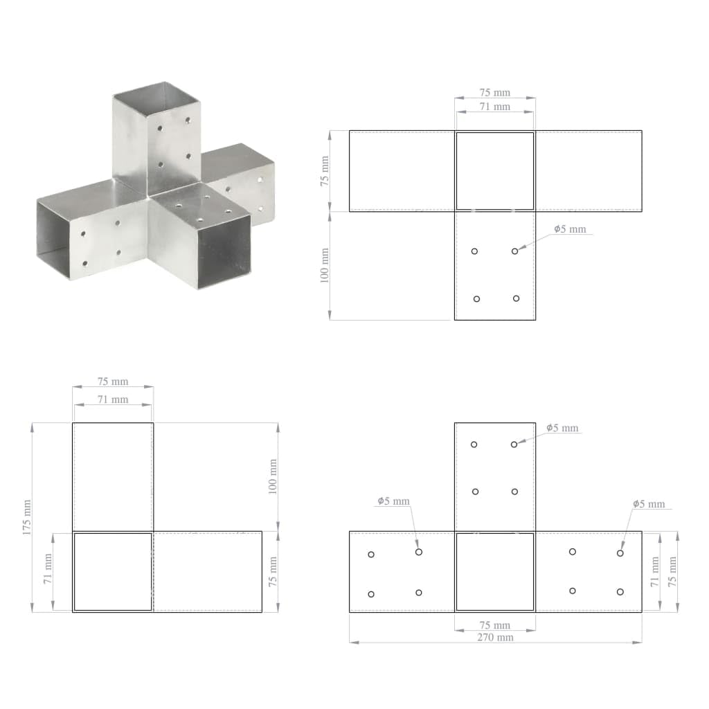 vidaXL 4x Conectores de Postes en X Soporte Jardín Patio al Aire Libre Estacas Exterior Valla Cerca Separador Metal Galvanizado 71x71mm
