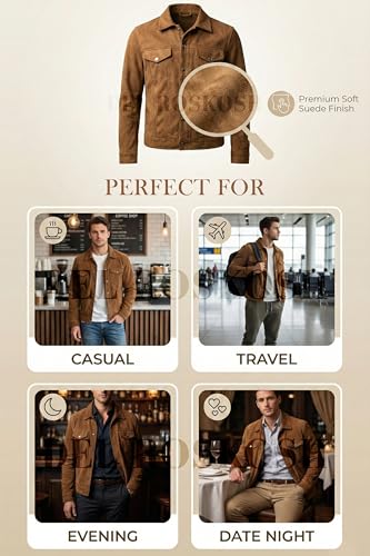 Image of Men's Faux Suede Leather Jacket with Fur Lining, Snap Button Closure, Brown, Lightweight with Chest and Side Pockets