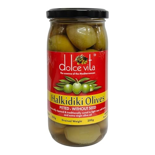 Image of Dolce Vita Halkidiki Pitted Olives, 200g | Greek Green Olives Without Seeds | Ready to Eat | Ideal for Stuffing and paring with Salads or Gourmet Platters