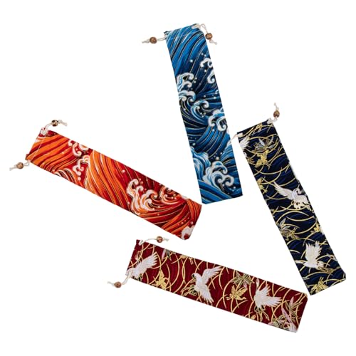 ledmomo 4個 和風和式?子勺子収納袋 巾着式防塵カトラリーポーチ フォークスプーンケース 食器収納バッグ ポータブルカトラリーキット