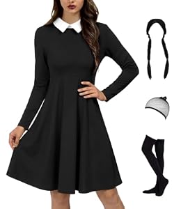 Halloween Wensday Kostüm Damen Langarm Kleid Knielang Peter Pan Kragen M