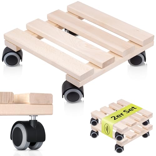 LUNA® Pflanzenroller eckig 2er Set - massives Buchenholz 100kg Traglast - Rollbrett Pflanzen - Blumenroller - Pflanzen Rollbrett - Blumentopf Untersetzer mit Rollen - 25x25cm - Made in Austria