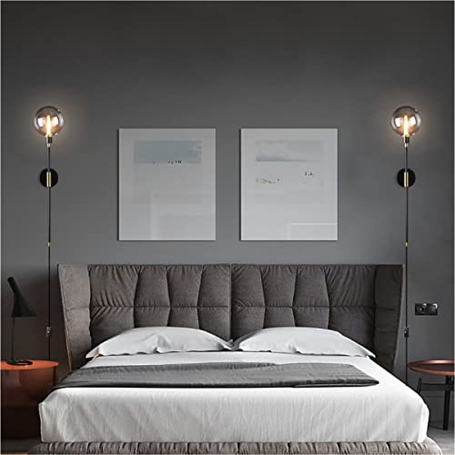 Image of KCO 1-Light Plug in Wall Sconces On /Off Switch Cord Black Modern Wall Mounted Light Fixture with Long Arm Glass Globe Shade Wall Lamp for Bedroom Living Room Kitchen Hallway (Smoke Gray & 2-Pack)
