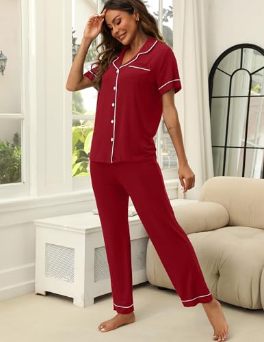 Image of HNG Women Pajamas Set 2 Piece Button Up Pajamas Pant and Short Sleeve Shirt for Woman Pj Sets with Pocket