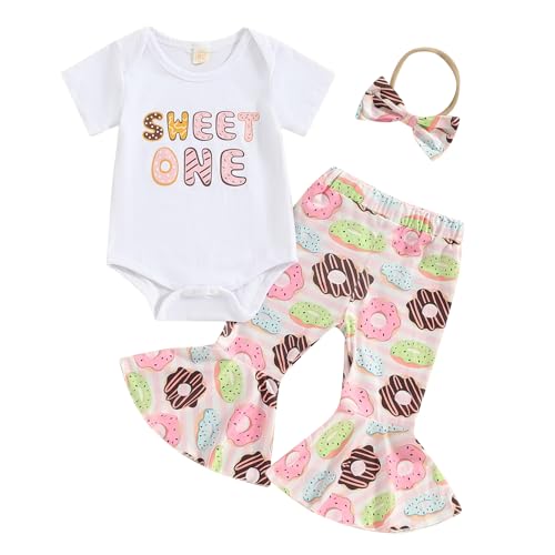 Image of Fernvia Toddler Baby Girl Birthday Photography Outfits Doughnut T-Shirts Tops Bell Bottom Pants 3Pcs Summer Clothes (C-sweet one, 12-18 Months)