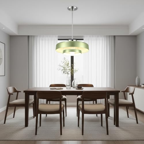 Image of Mid-Century Modern Sage Green Hanging Lamp, Brushed Metal Shade Kitchen Island Pendant Light Adjustable Ceiling Light for Living Room, Dining Nook, Bedroom