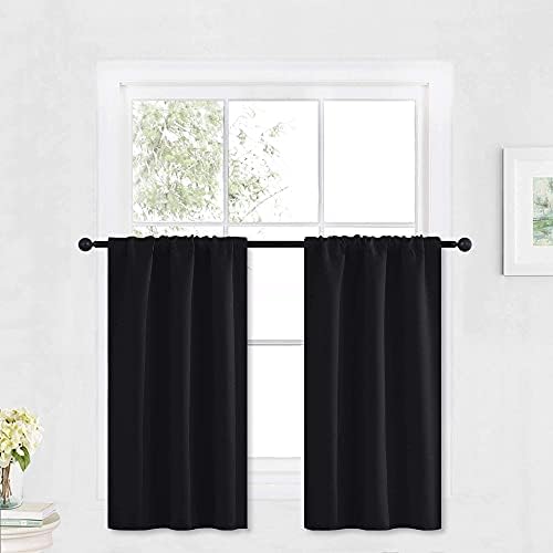 RYB HOME Blackout Curtains Black – Sunlight Block Energy Saving Drapes for Bedroom Bathroom Home Office Small Window Treatment Panels, W 29 x L 36 inch, Black, 2 Panels