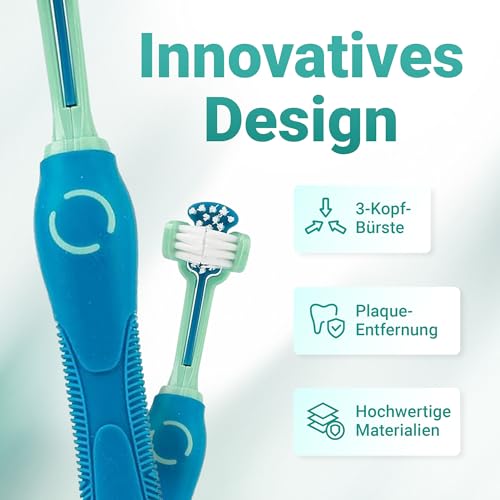 emmi-pet Zahnpflegeset für Hunde - 1x3köpfige Hundezahnbürste mit 1x Hundezahnpasta und 2x Fingerzahnbürste (Blau, Erwachsene - Senioren)