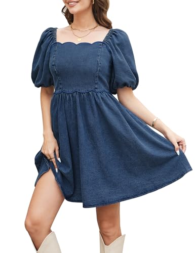 Fengbay Denim Dresses for Women UK Ladies Square Neck Puff Sleeve Jean Dress Babydoll Casual Denim Dress with Pockets