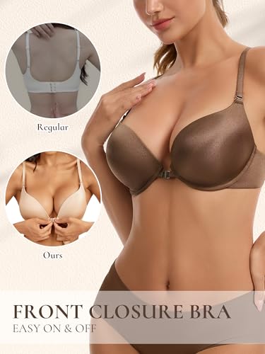 Image of Front Closure Bra Push Up Plunge V Front Clasp Bras Padded Add Cup Demi Underwire Lift T Shirt Smooth Bralette