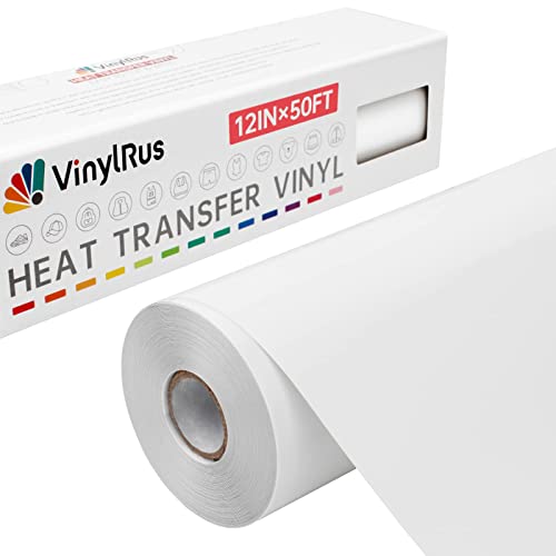 VinylRus Heat Transfer Vinyl-12” x 50ft White Iron on Vinyl Roll for Shirts, HTV Vinyl for Silhouette Cameo, Easy to Cut & Weed