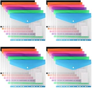 ZEONHAK 24 Pack A4 Plastic Wallets Folders, 6 Assorted Colours Punched Pockets Document Popper Files Folders with Label Pocket and Snap Button, 11 Hole Binder Files for Home, Office