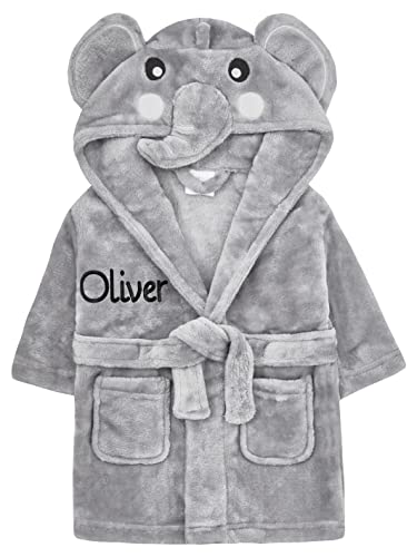 Personalised Baby Bathrobe Hooded Fleece Dressing Gown Super Soft Gifts Robe For Boys Girls Cute Teddy Ears (3-4 Elephant)
