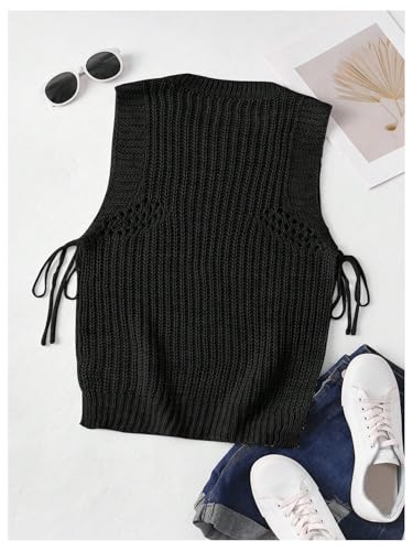 MakeMeChic Women's Sleeveless Round Neck Drawstring Side Split Hem Knited Casual Sweater Vest2