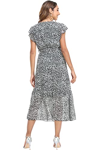 Image of VintageClothing Womens Sundress Casual Floral Summer Boho Dress | Flowy Wrap V Neck Ruffle A-Line Pleated Hem Midi Dresses