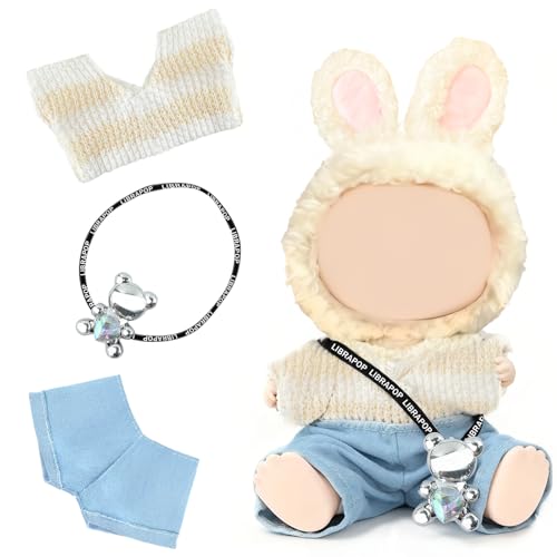 Morofme 17cm Dolls Clothes Set 3Pcs Doll Clothes for Dolls Apricot Blue Set Include Apricot Sweater Blue Jeans with Diamond Bear Accessory Doll Outfit Accessories Sets for Dolls (No Doll)