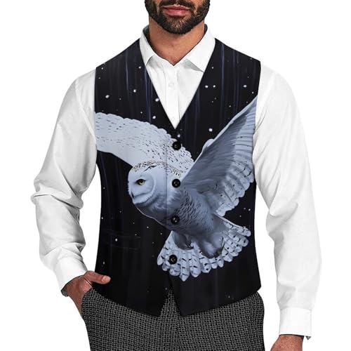 White Snowy Owl Men's Suit Vests Business Formal Dress Vest V-Neck Waistcoat for Wedding Casual