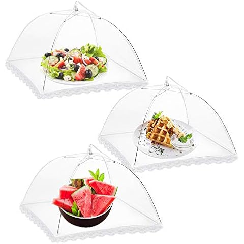 Onarway 3 Pack Food Covers 12 Inch Pop-Up Encrypted Mesh Plate Serving Tents, Fine Net Screen Umbrella for Outdoors, Parties, Picnics, BBQs, Reusable and Collapsible Cover